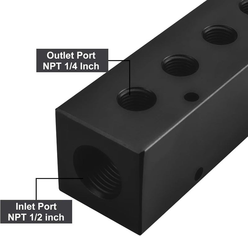 MARSTEK Air Manifold, Air Compressor Manifold, Aluminum Air Hose Inline Manifold Block Splitter, Pneumatic Manifold Air Distribution Block, NPT 1/2 Inch Supply Port, NPT 1/4 Inch Output Port (6 Way 8 Port) - Image 3